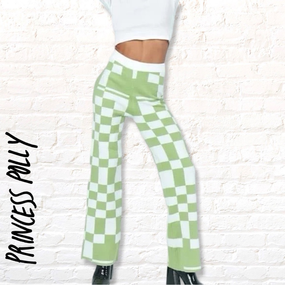 Princess Polly Athina Checked Bell Bottoms White and Green White Sz S / M New